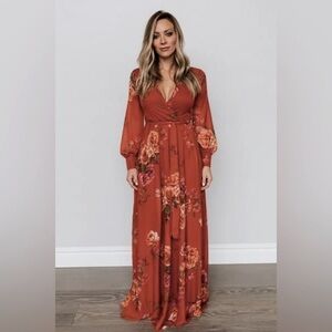 Baltic Born Floral Long Sleeve Dress in Rust.